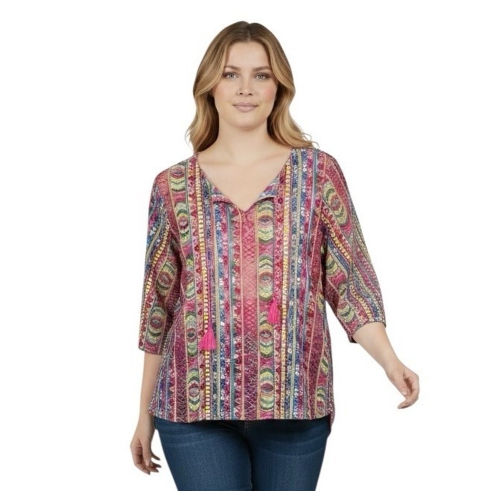 Ali Miles Tunic Top Size XL Embroidered Mesh Multicolor Boho Artsy Lagenlook